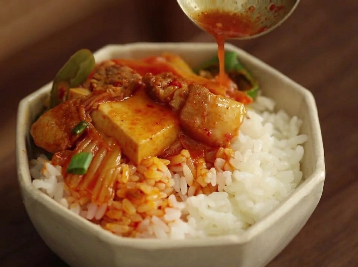 鍋の中で炒め合わされる豚肉、野菜、キムチのミックス