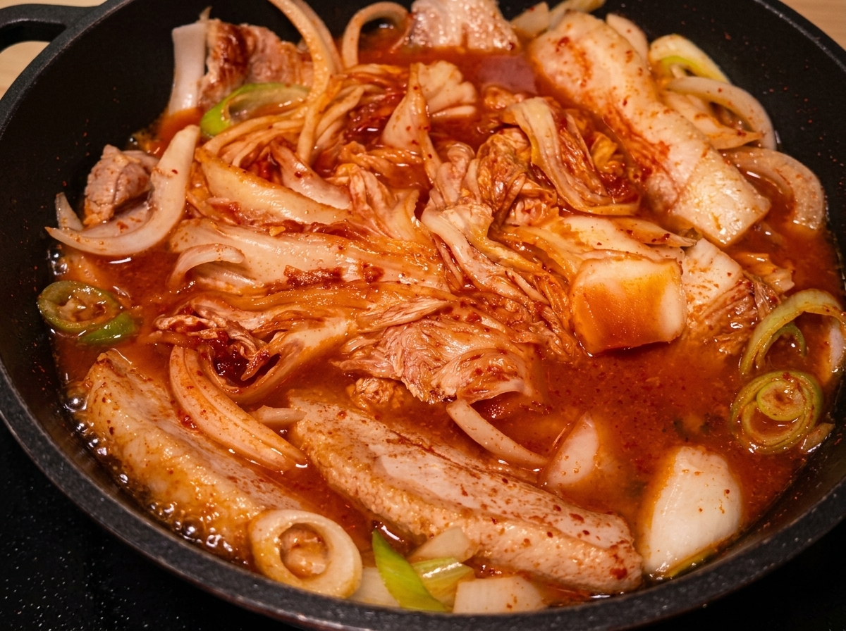 煮立っている赤い煮汁に、スプーンで調味料を加える様子。