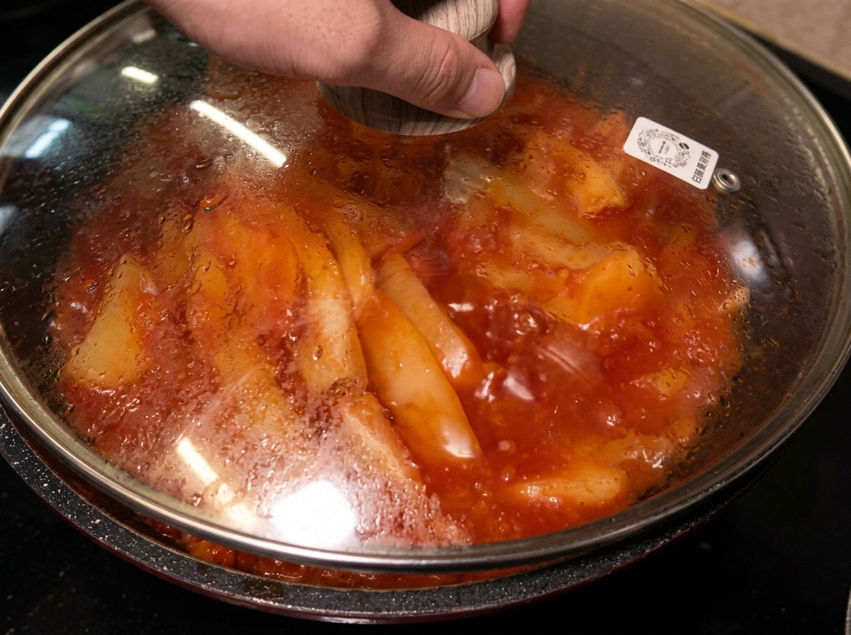 煮込み鍋にガラス蓋をして、蒸らしている様子。