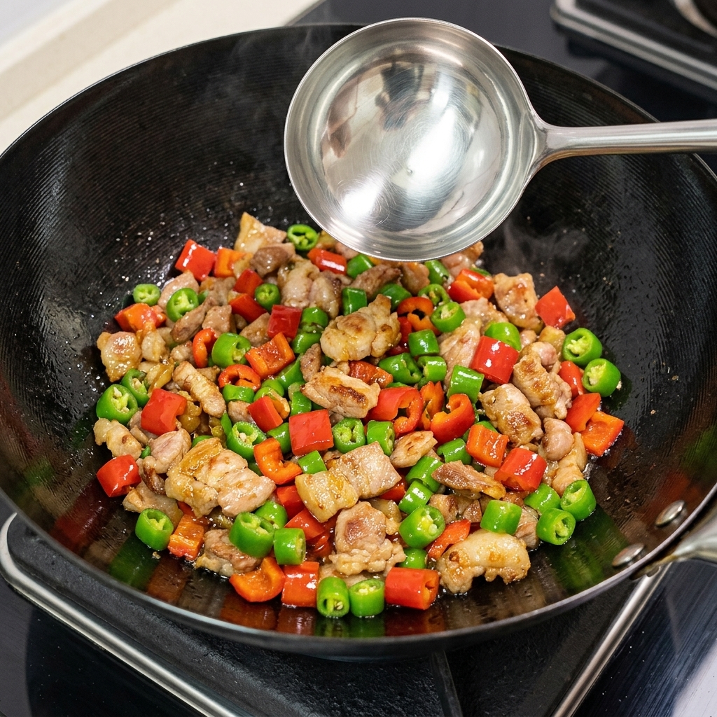 炒めた豚肉に、刻んだ唐辛子とニンニクを加える様子。