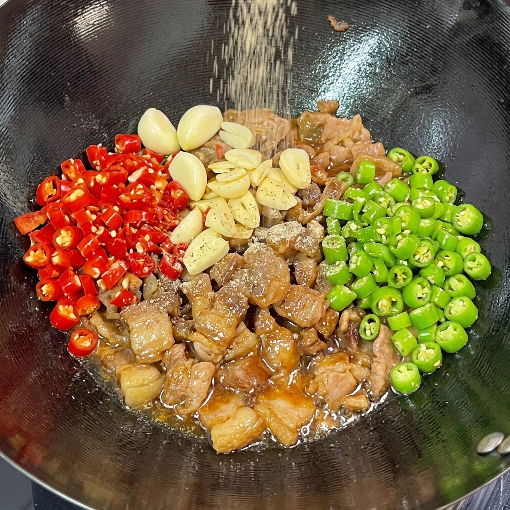 鍋の中の具材に黒胡椒を振りかける様子。