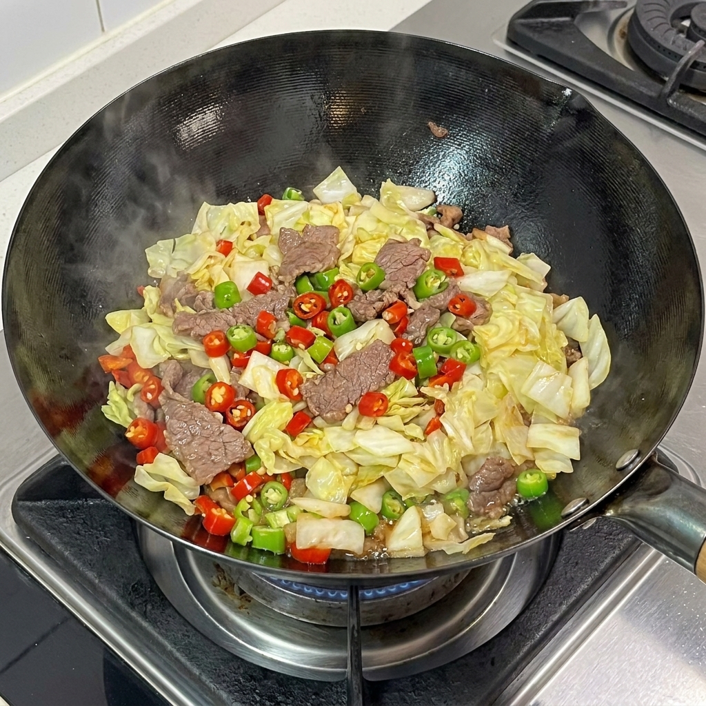 炒めておいた高菜を、鍋の中の豚肉と唐辛子に加える様子。