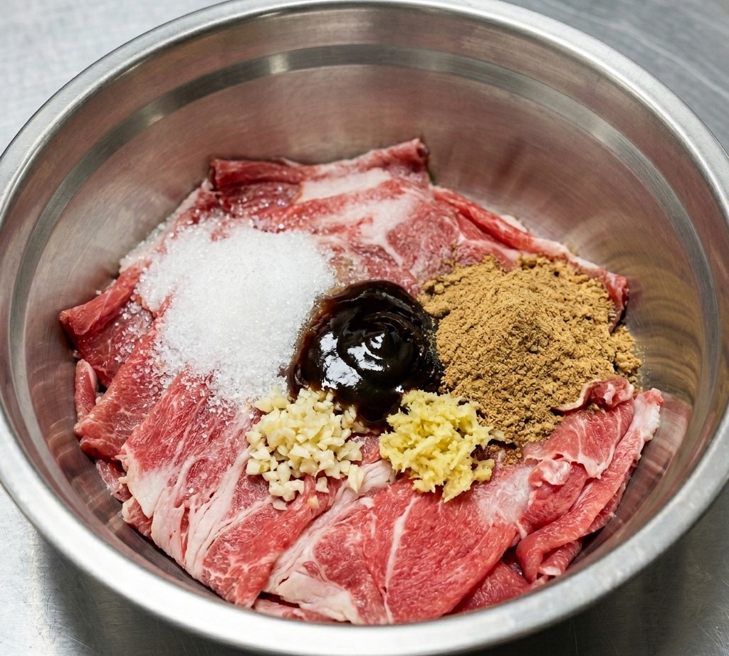 ボウルに入った牛肉に、砂糖、調味料、みじん切りにした香味野菜を加えた状態。