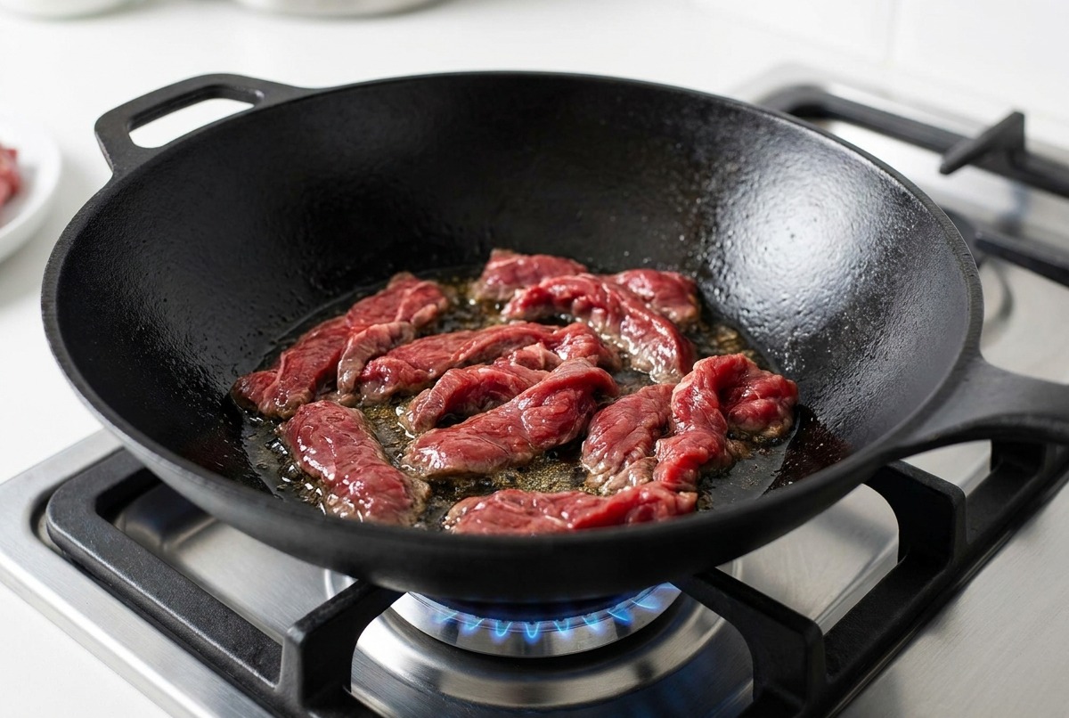 熱した中華鍋で、マリネした牛肉がジュージューと焼けている様子。