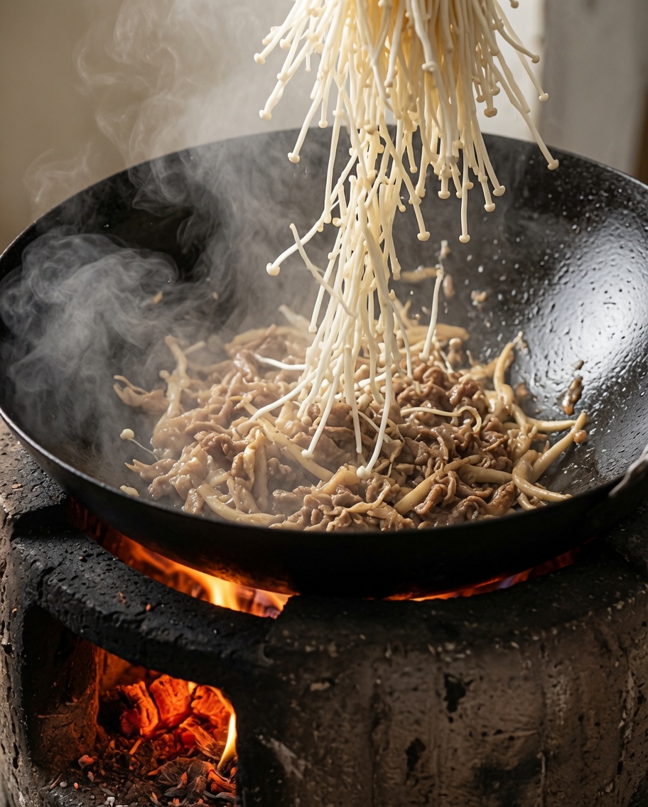 牛肉と玉ねぎを炒めている中華鍋に、新鮮なえのき茸を加えている様子。