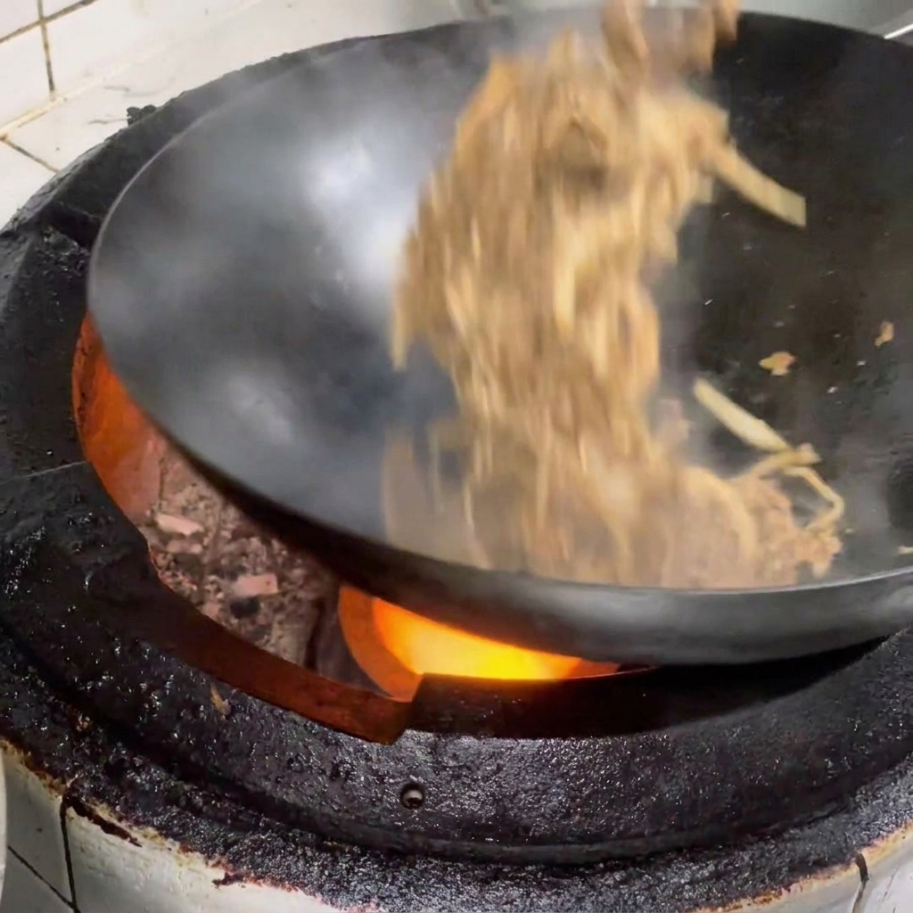 炒めた牛肉とえのきをご飯の上に盛り付けている様子。