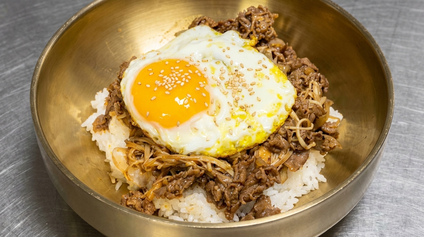 真鍮の器に盛り付けられた、目玉焼きとごまがトッピングされた食欲をそそる韓国風プルコギ丼。