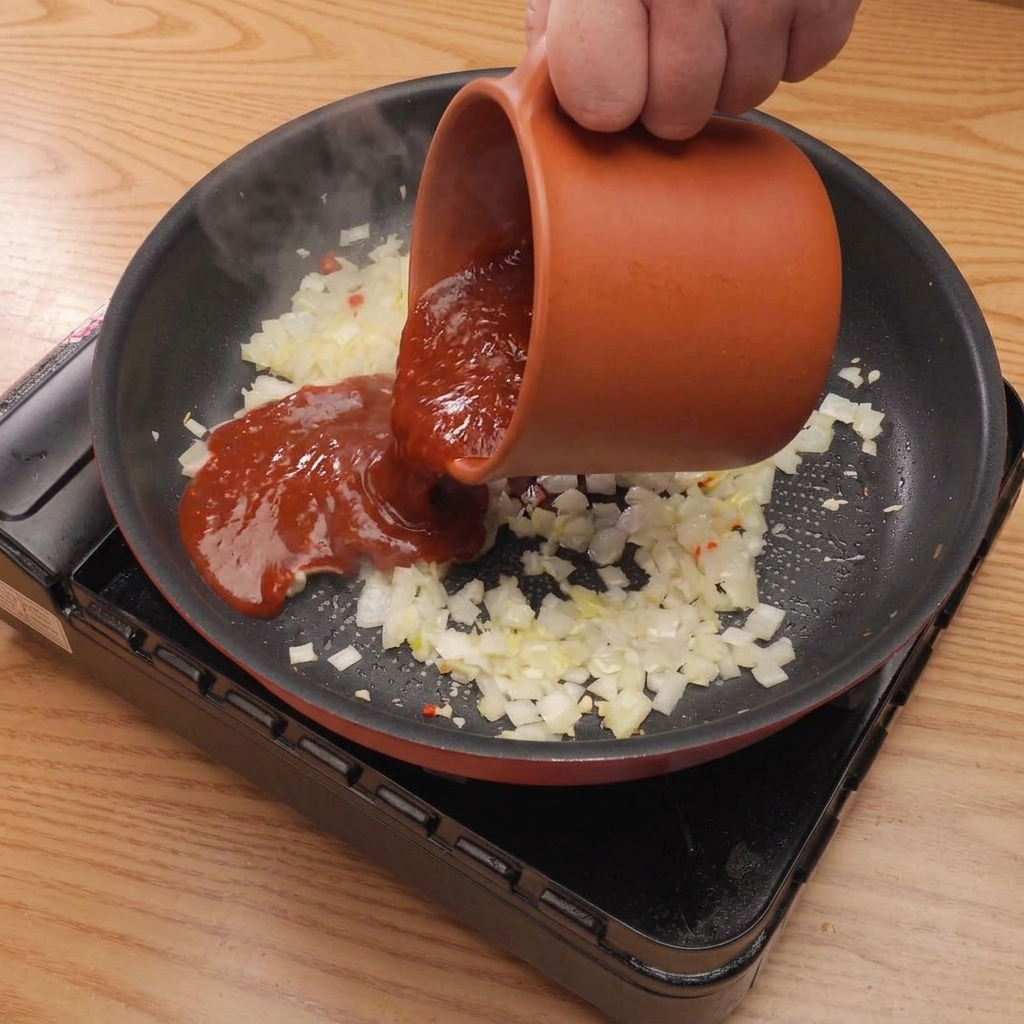 炒めた野菜が入ったフライパンに、混ぜ合わせたソースを加えて煮詰めている様子。