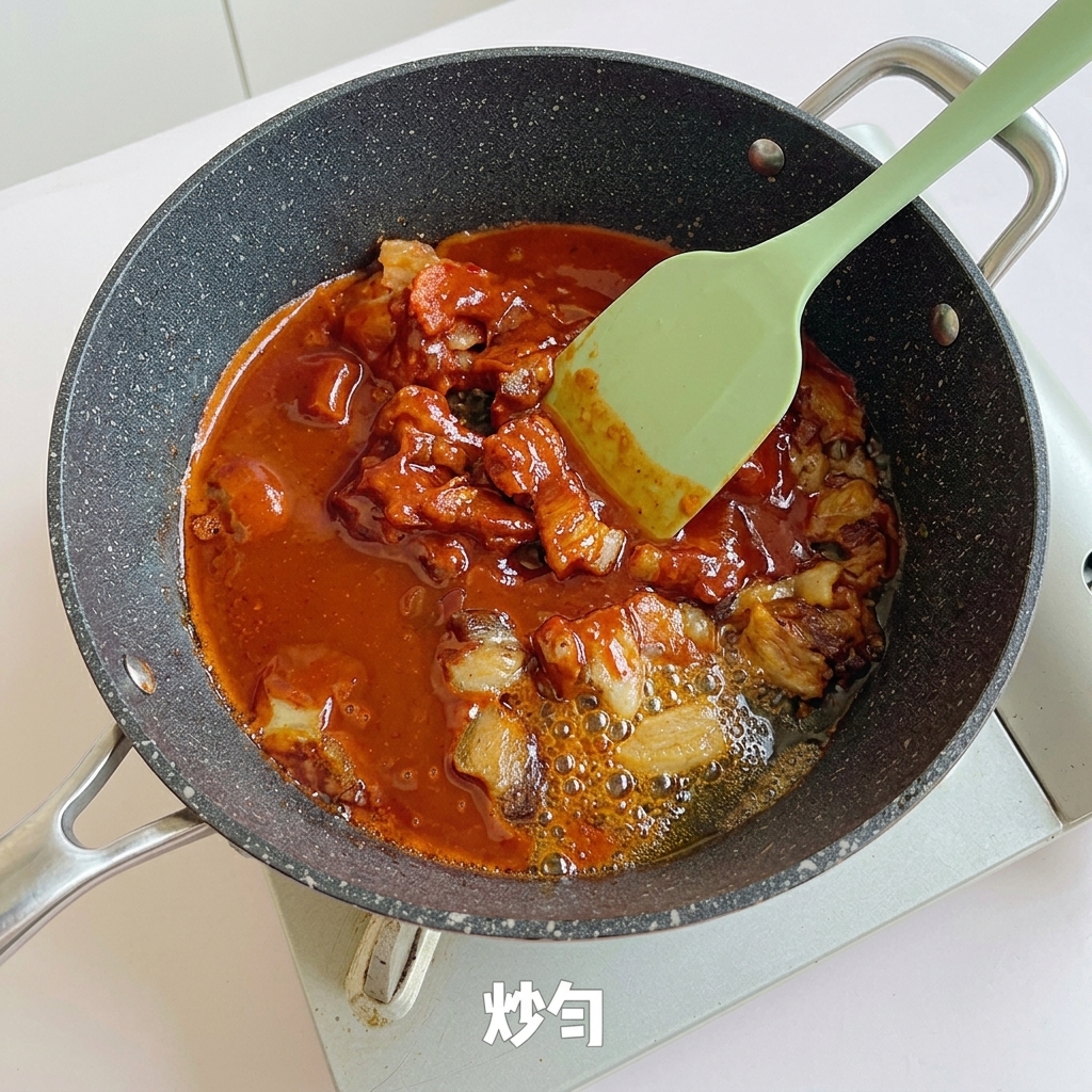 フライパンで具材を炒めている様子。
