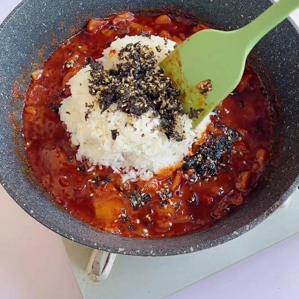 フライパンで炒飯を平らにしている様子。