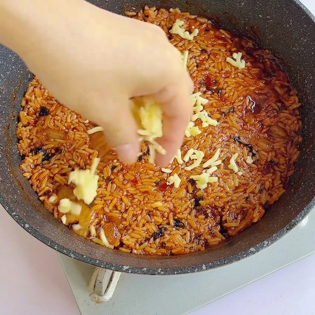 炒飯の上にチーズを散らしている様子。