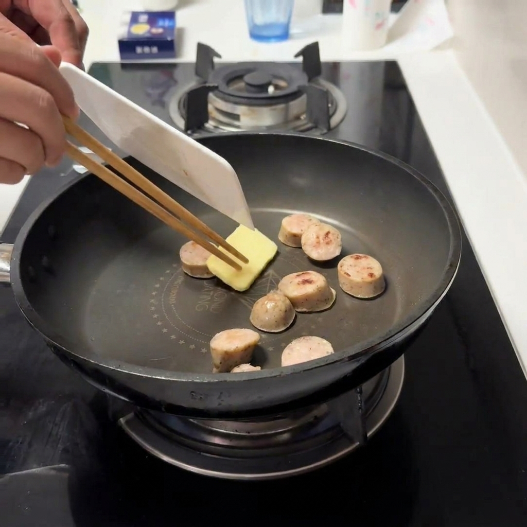 こんがり焼けたソーセージの横で、小さな四角いバターがフライパンの中で溶けている様子。