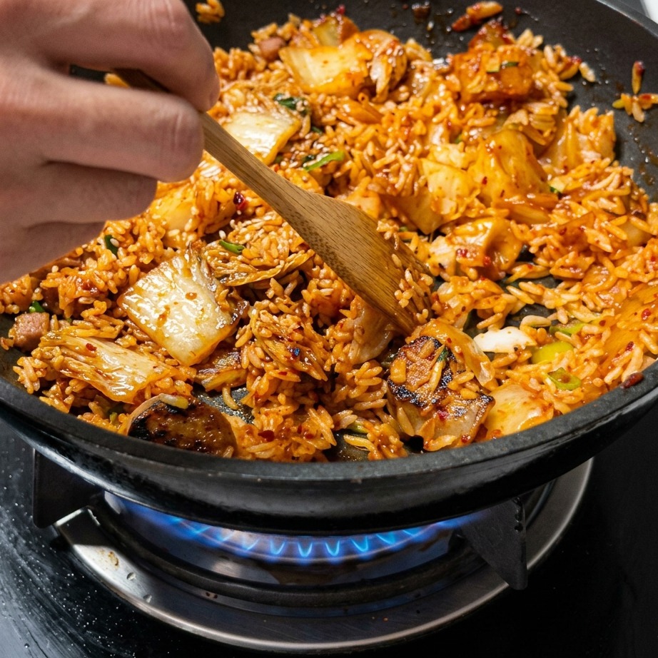 熱いフライパンの中で、木べらを使って白ご飯とキムチ、お肉、ソースを混ぜ合わせている様子。