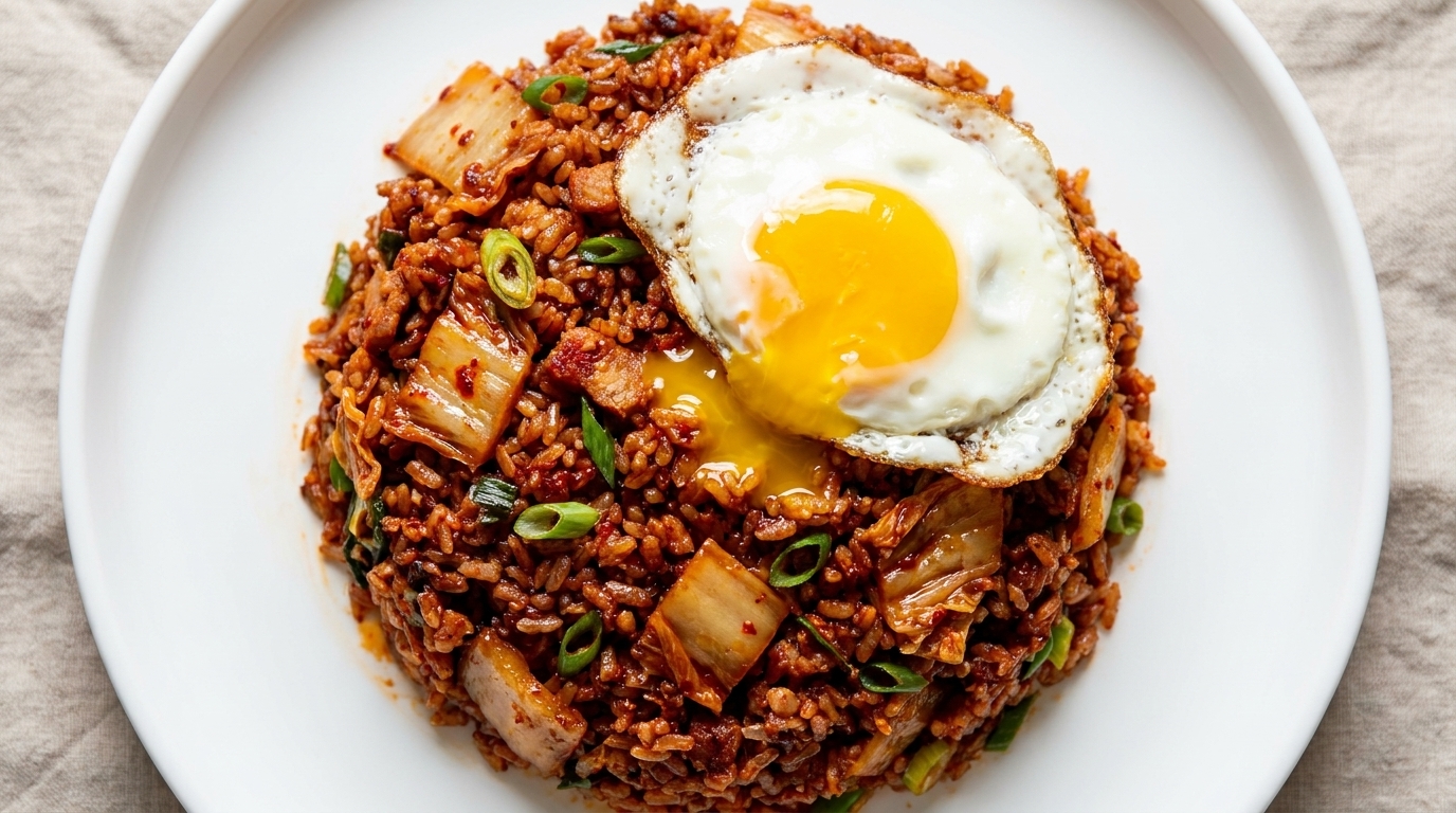 色鮮やかで本格的な韓国キムチチャーハン。完璧に焼かれた目玉焼きをトッピング。