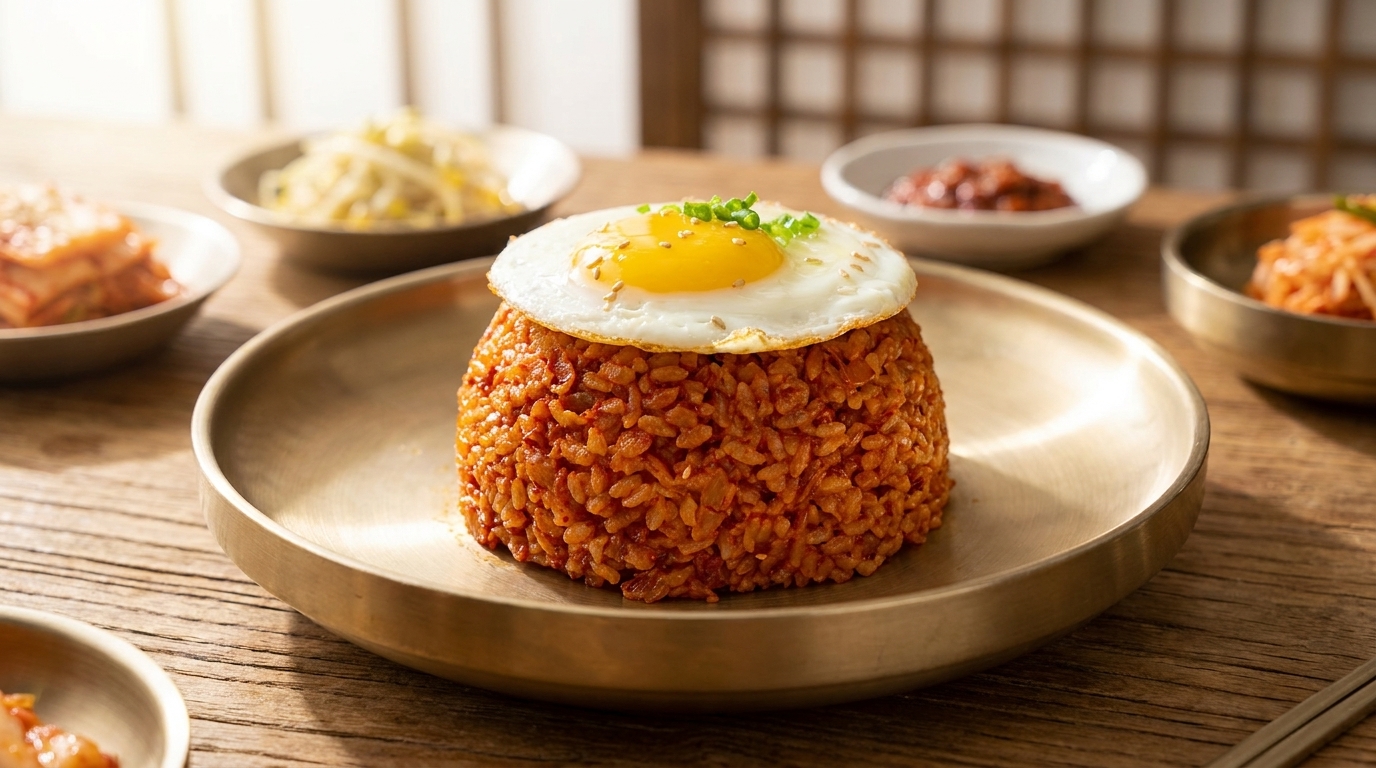 真鍮の皿に盛り付けられた色鮮やかなキムチチャーハン。半熟の目玉焼きをのせ、ネギを散らした一皿。