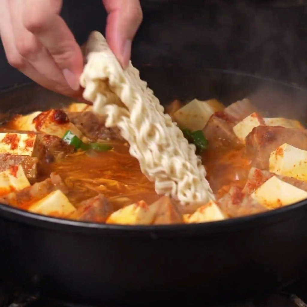 グツグツ煮立つ赤いスパイシーな鍋の中央に、乾燥したインスタントラーメンを入れている手。
