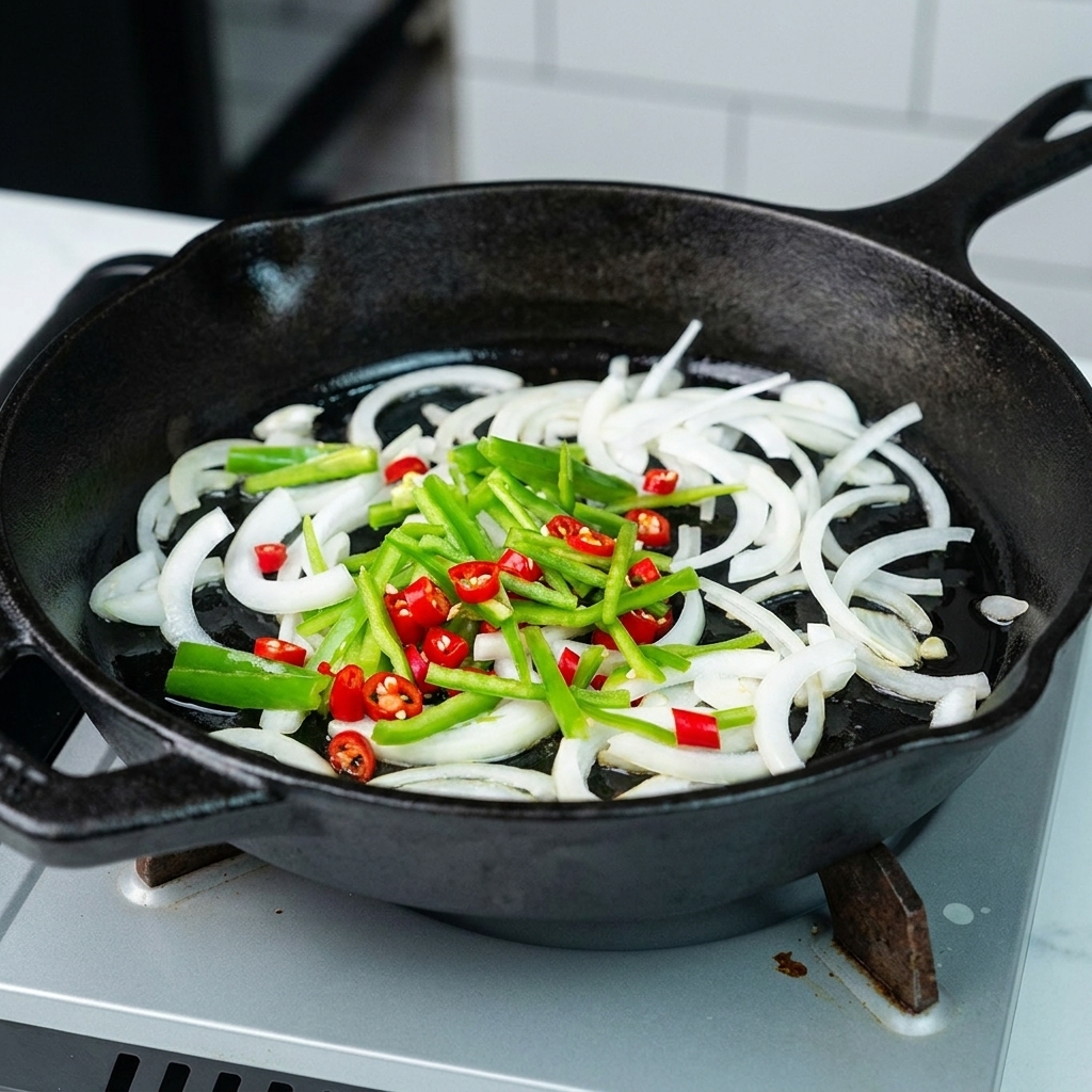 炒めた野菜のミックスにシェフが塩と胡椒を振っている様子。