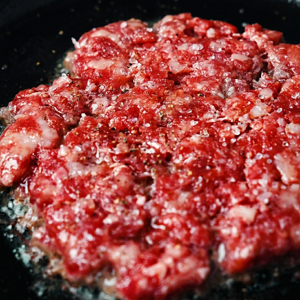 味付けされた生の挽肉パティが、熱い鋳鉄製スキレットで焼かれている様子。
