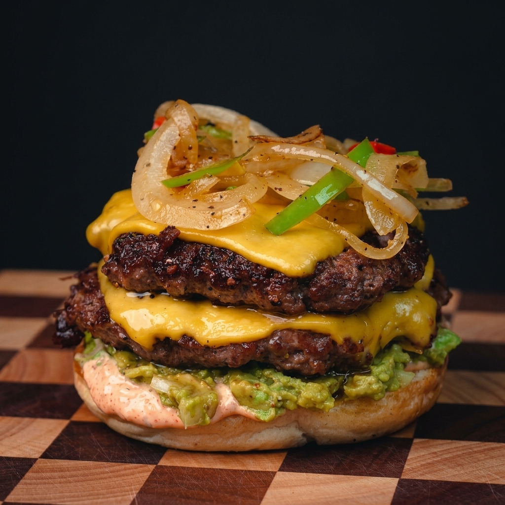 組み立てたダブルチーズバーガーに、トーストした上のバンズをのせている様子。