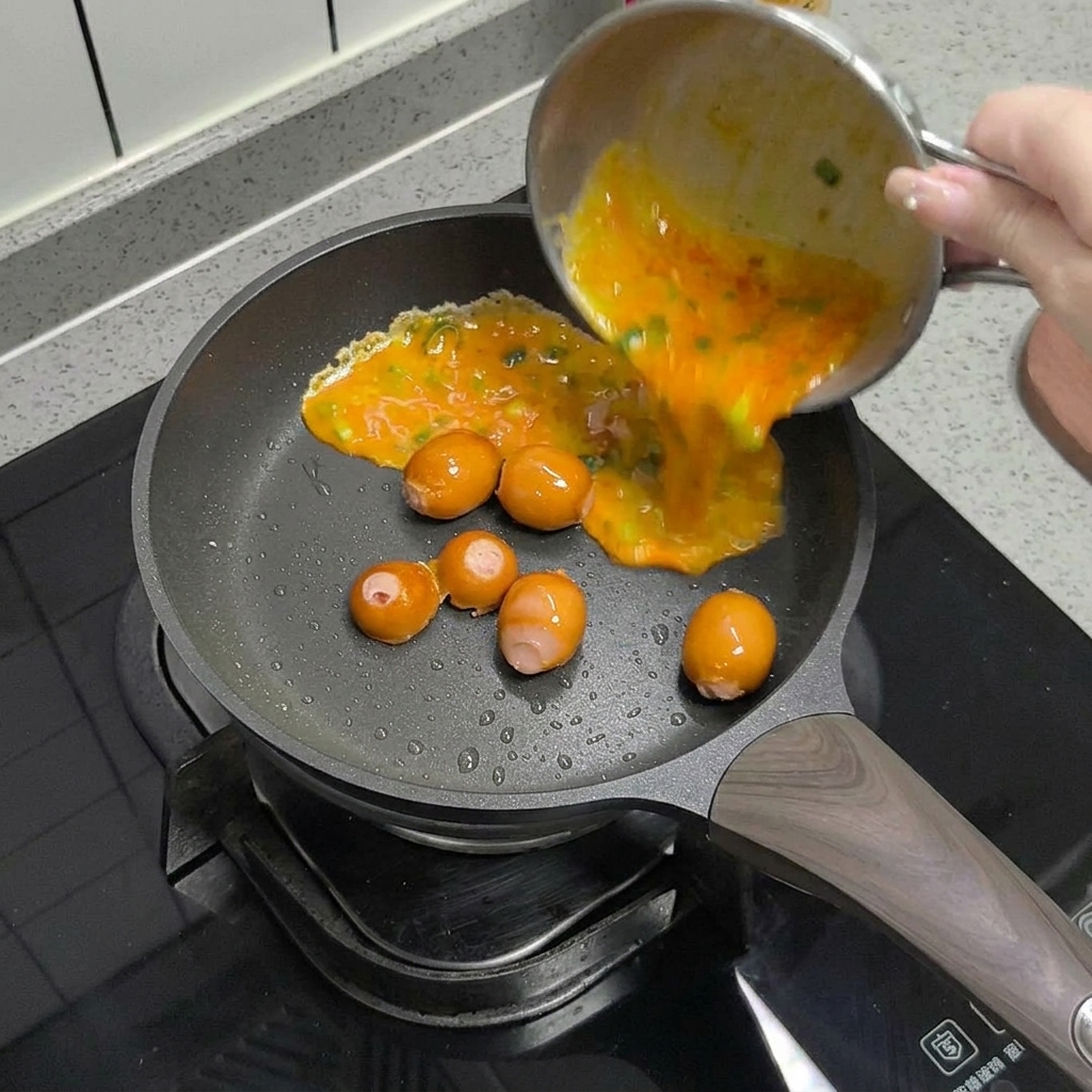 焼き色がついたソーセージの上に卵液を流し入れる様子