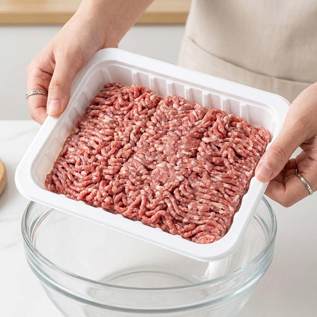 大きなボウルにひき肉を入れる様子。