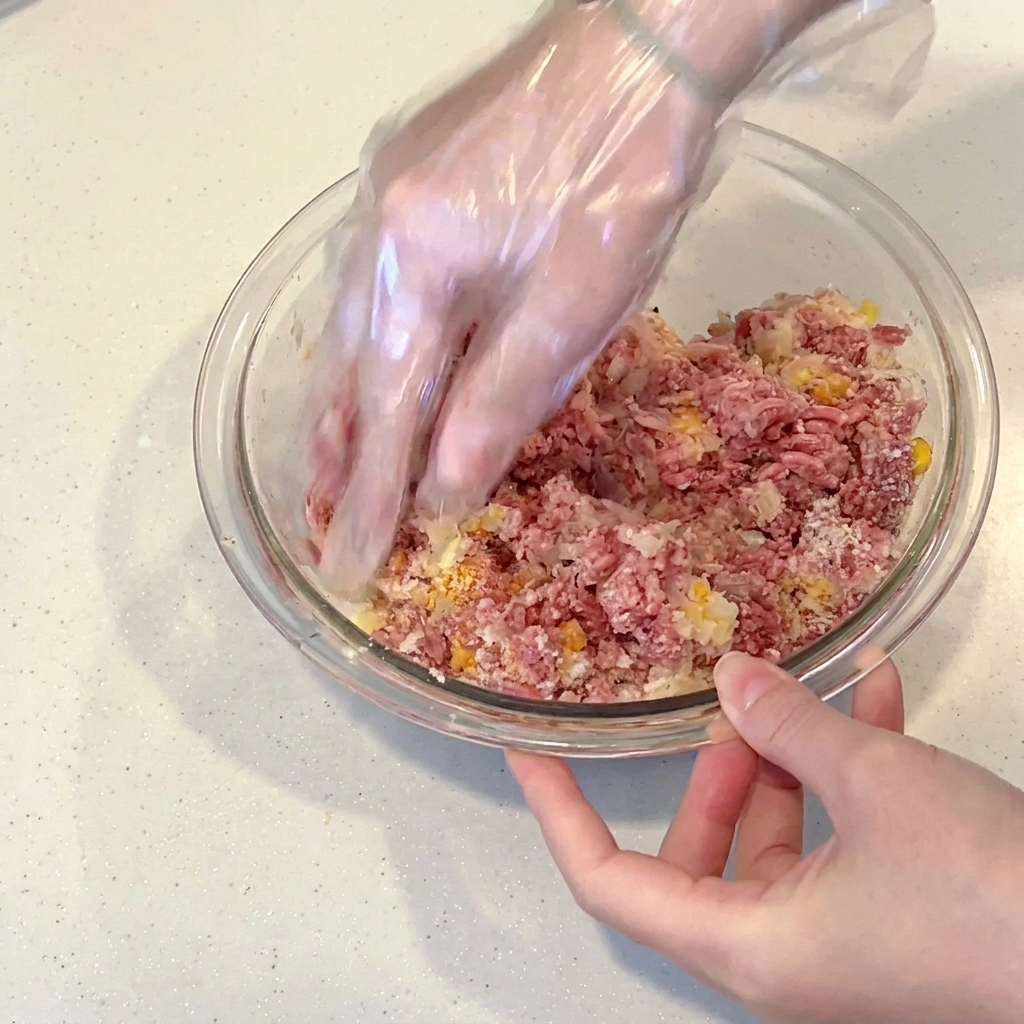 手袋をした手でボウルの中で肉だねを練り混ぜる様子。
