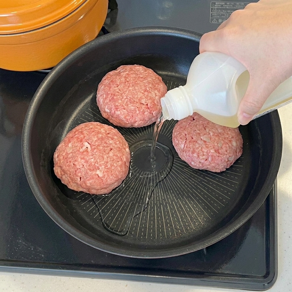 フライパンに油を引き、ハンバーグを並べる様子。