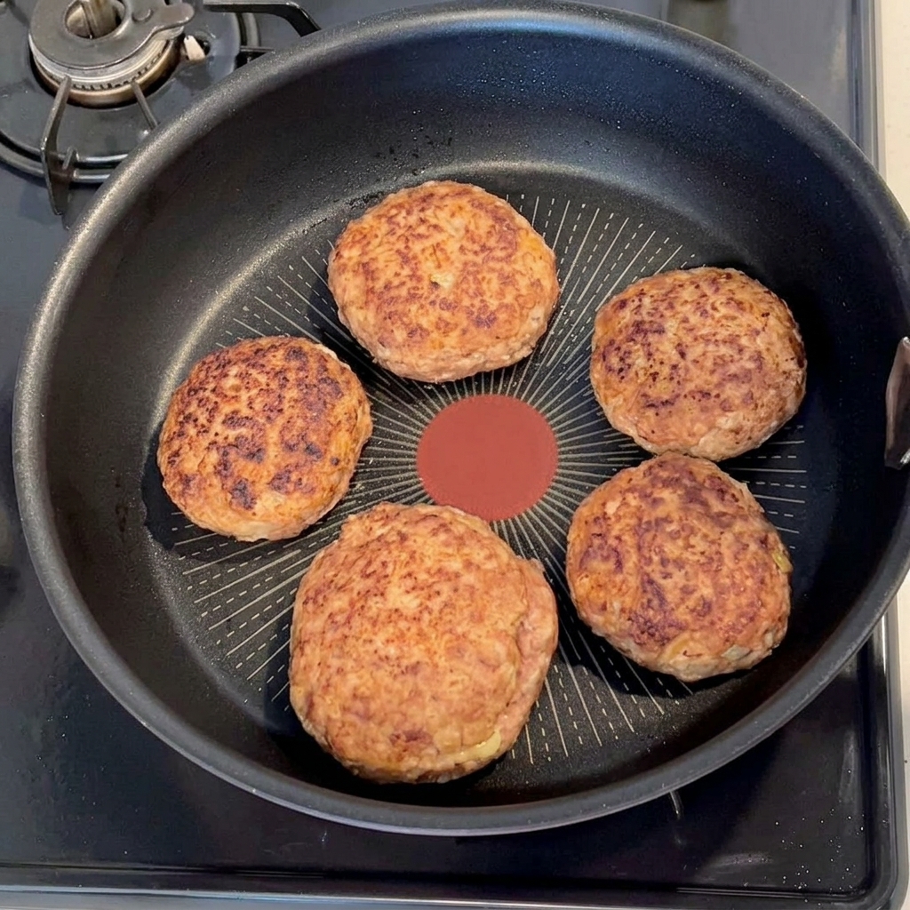 焼いたハンバーグに水を加える様子。