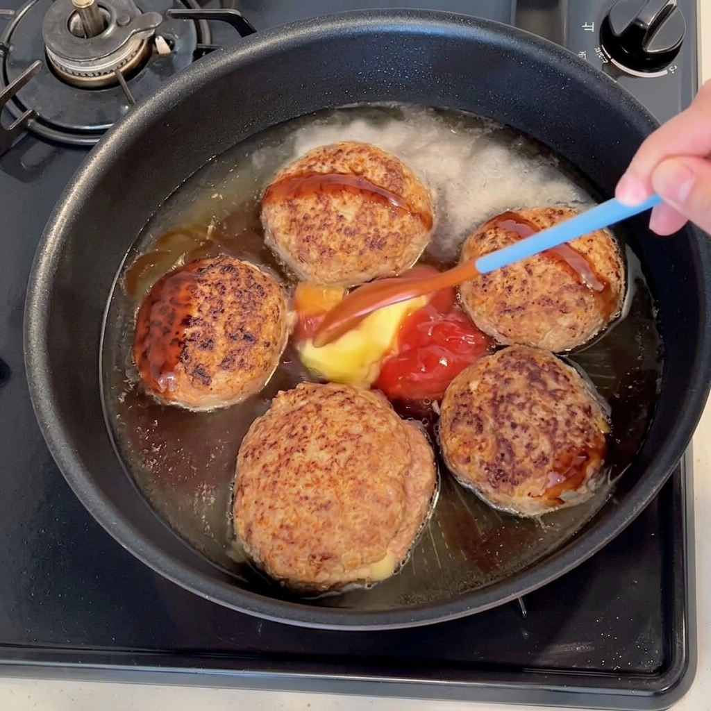調味料を加え、蓋をして煮込む様子。