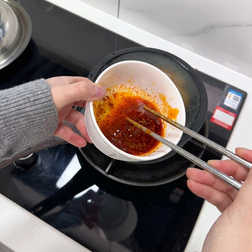 卵とレッドチリソースを箸でかき混ぜている様子。