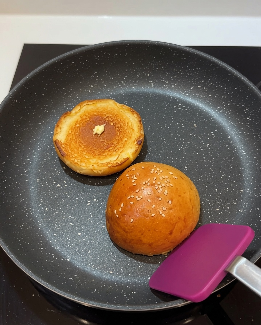 バターを溶かしたフライパンで、きつね色に焼かれているバンズ。