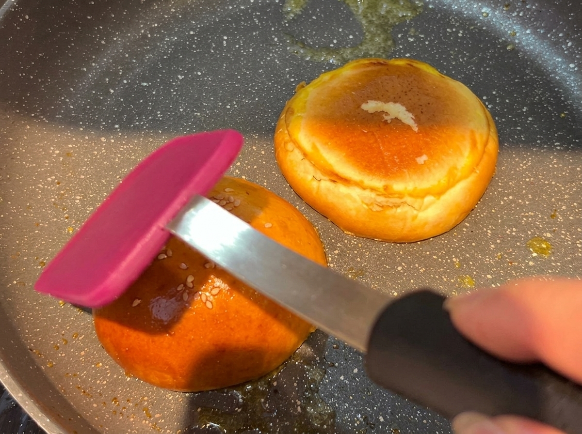 熱したフライパンで、こんがりと焼き色がつき始めたビーフパティ。