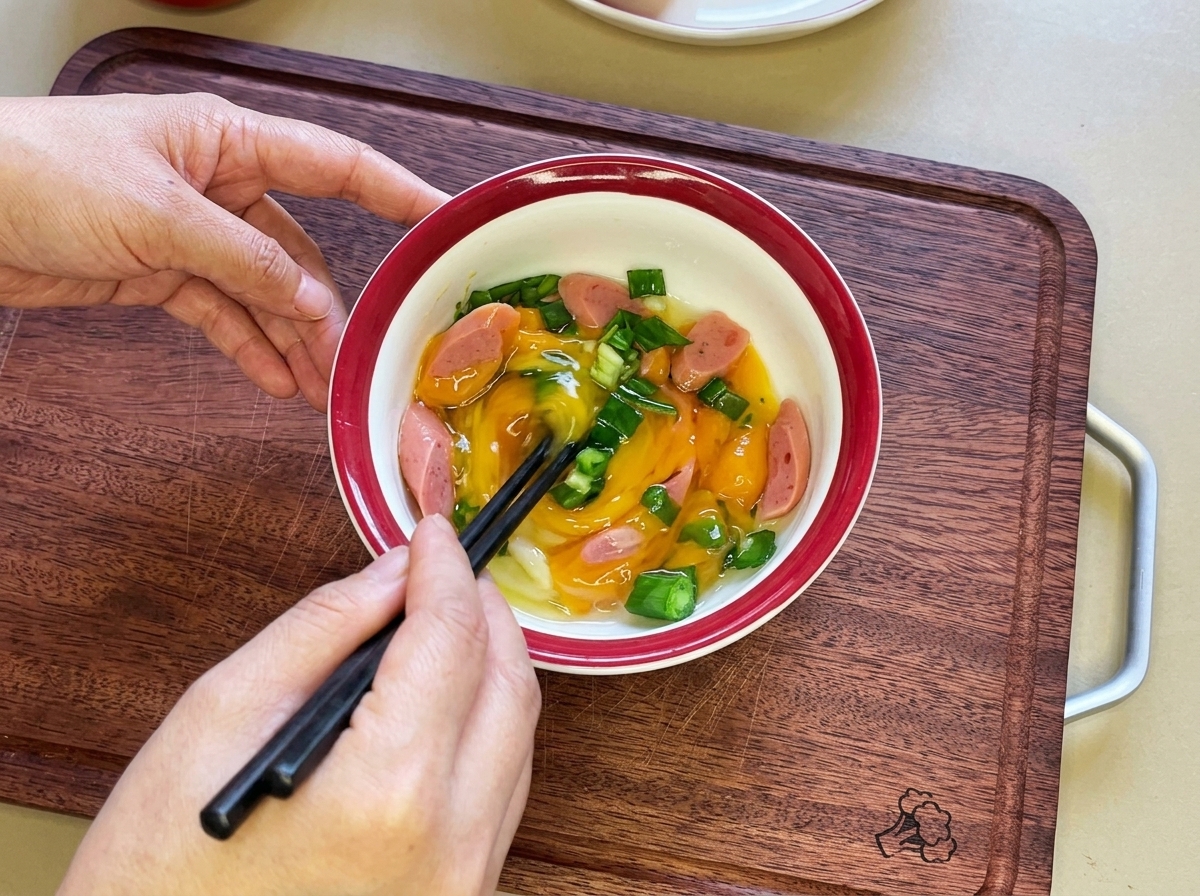 まな板の上でトマトが輪切りにされている様子。