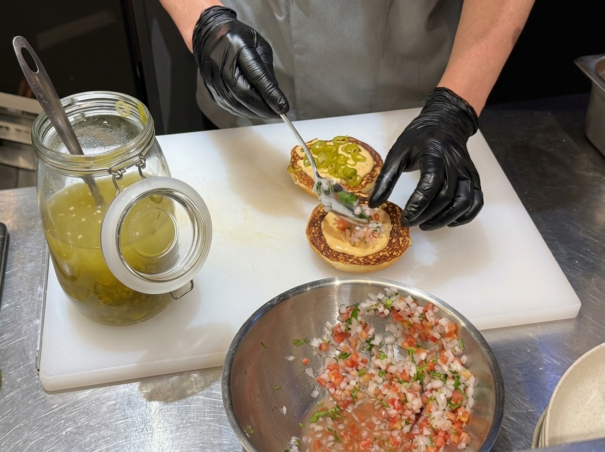 熱いグリルプレートでバターを塗ったバンズを焼いている様子。