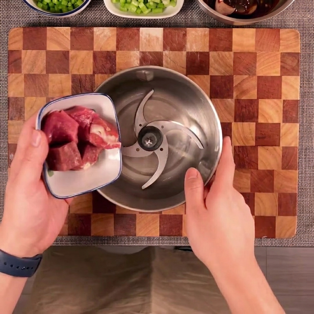 ブレードの付いたフードチョッパーの中に牛肉、豚肉、玉ねぎ、ピーマンが入っている様子。