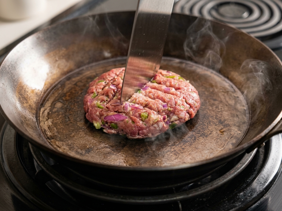 フライパンで焼いているパティの表面に、金属製のヘラで網目状の切り込みを入れている様子。