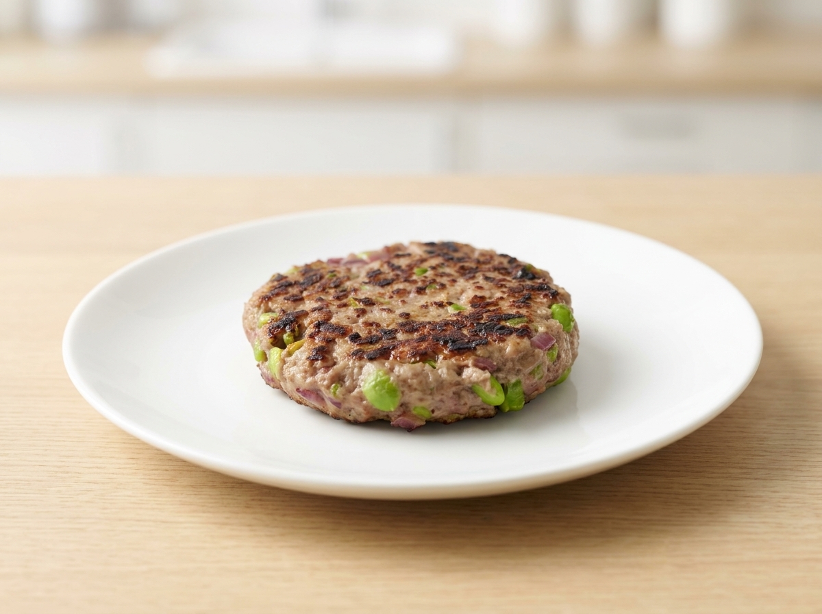 フライパンでこんがり焼けたパティの上にバターをのせ、溶かしている様子。