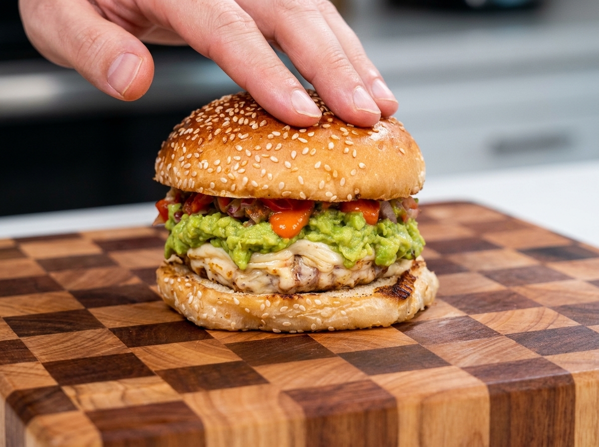 具材がたっぷりのったバーガーに、ゴマ付きバンズの上半分を手でのせている様子。