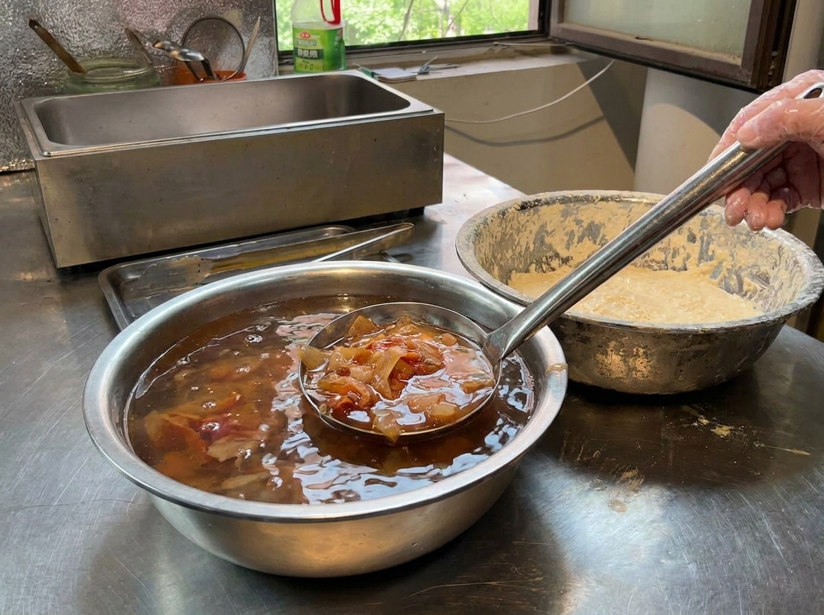網じゃくしを使って、水を入れたボウルから鶏肉を引き上げている様子。
