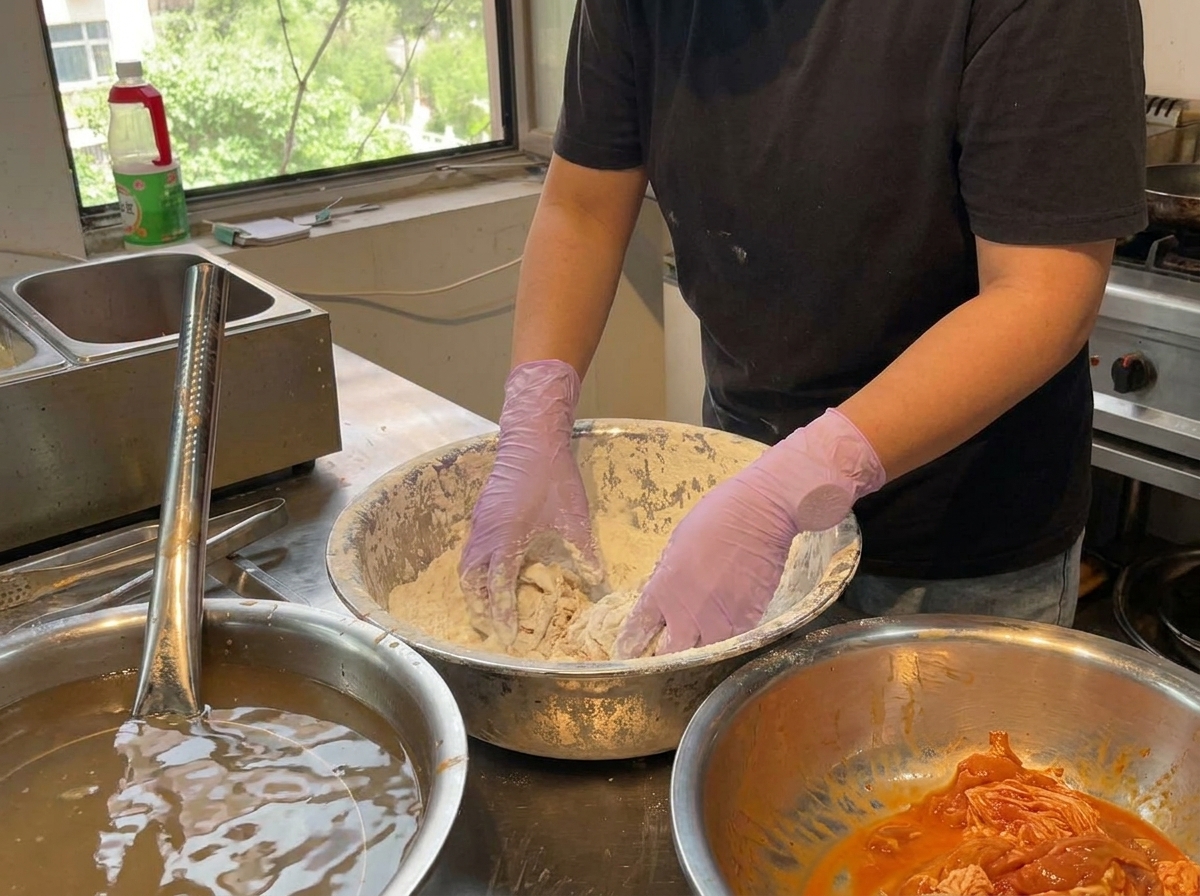 フライドチキン用の粉が入ったボウルの中で、鶏肉に粉をまぶしている様子。