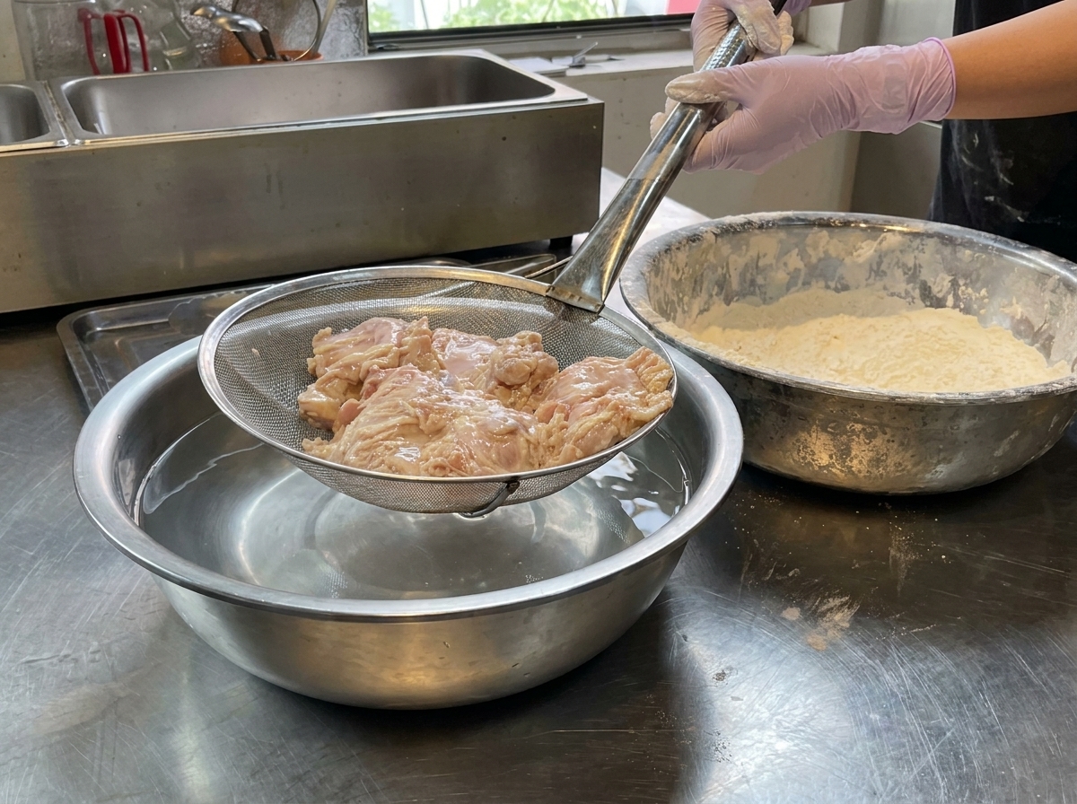 粉をまぶした鶏肉を再び水にくぐらせ、ストレーナーで水気を切っている様子。