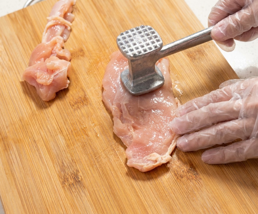 木製のまな板の上で、肉たたきを使って鶏むね肉を叩いているアップの様子。
