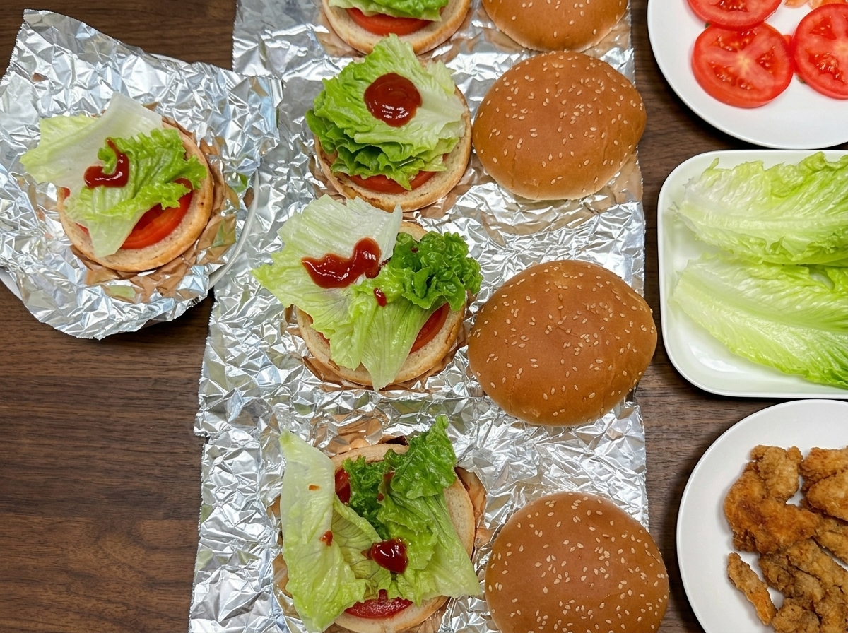 レタスとトマトの上に、揚げたてのキツネ色のチキンパティを載せている様子。