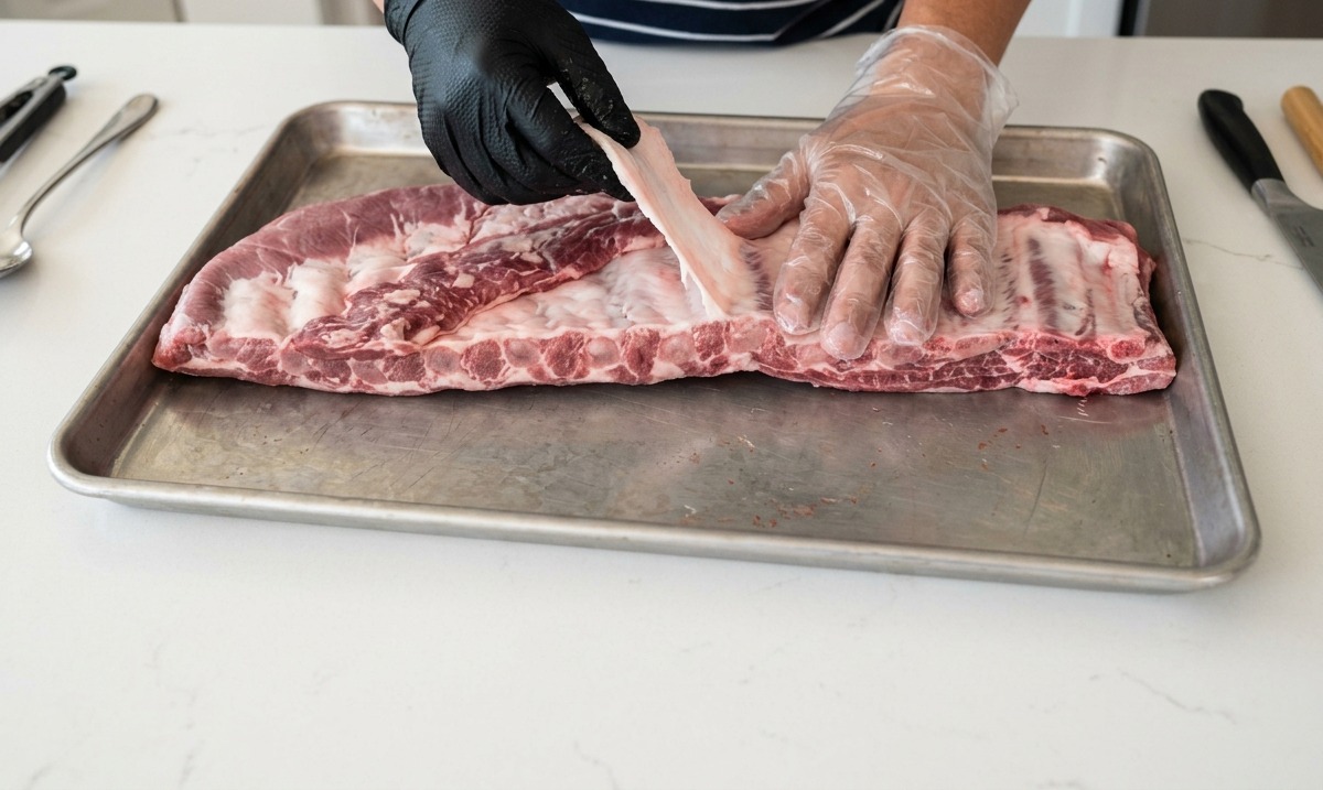 ベーキングトレイに置かれた生の手袋をした手で、ポークリブの裏側から薄い皮を剥がしている様子。
