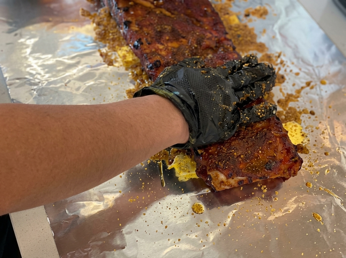 アルミホイルの上に用意されたブラウンシュガーとバターの層の上に、味付けされたリブを置いている様子。