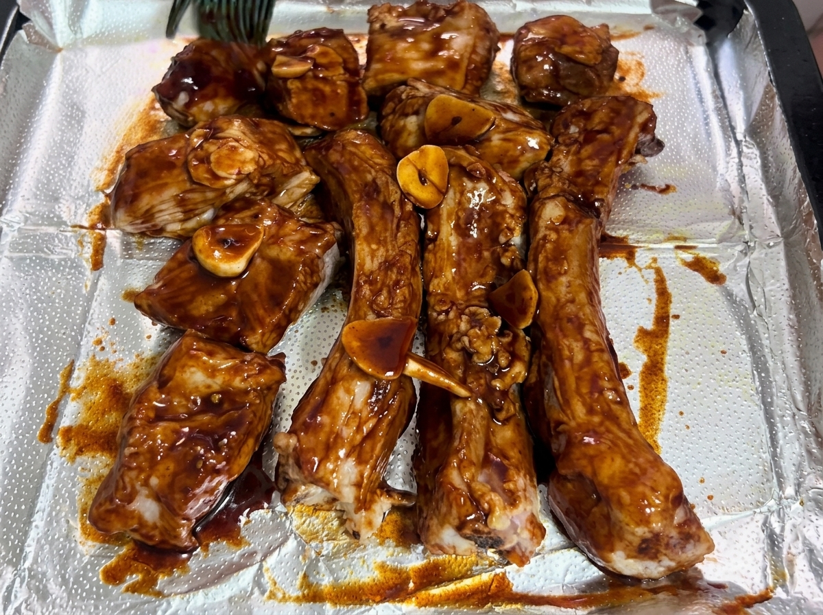 青いシリコンブラシを使って、濃い漬けだれを豚肉に塗り広げている様子。