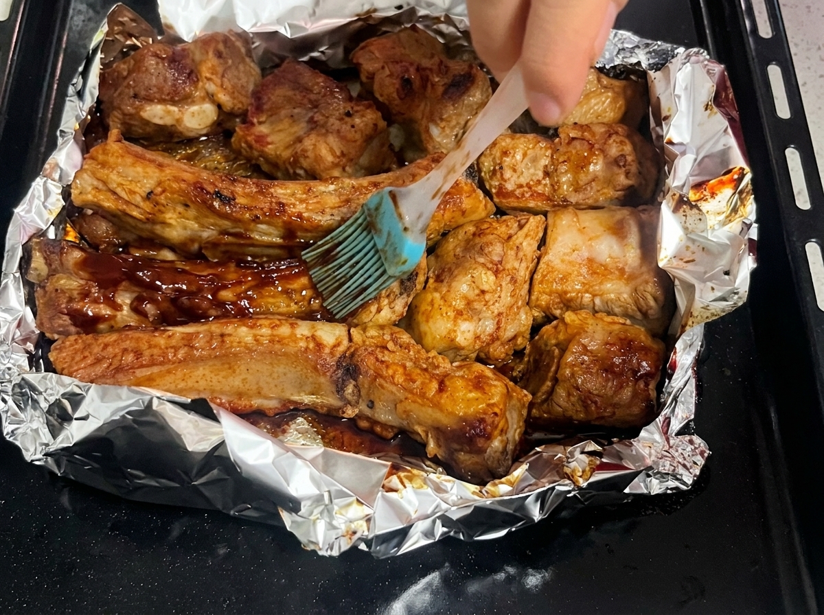 天板に並んだ焼き上がったスペアリブの表面に、ブラシでとろみのあるたれを塗っているアップの様子。