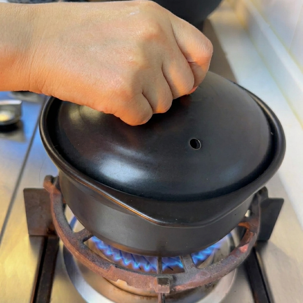 小さな金属製の鍋でキビ、緑豆、ナツメを水で煮ている様子
