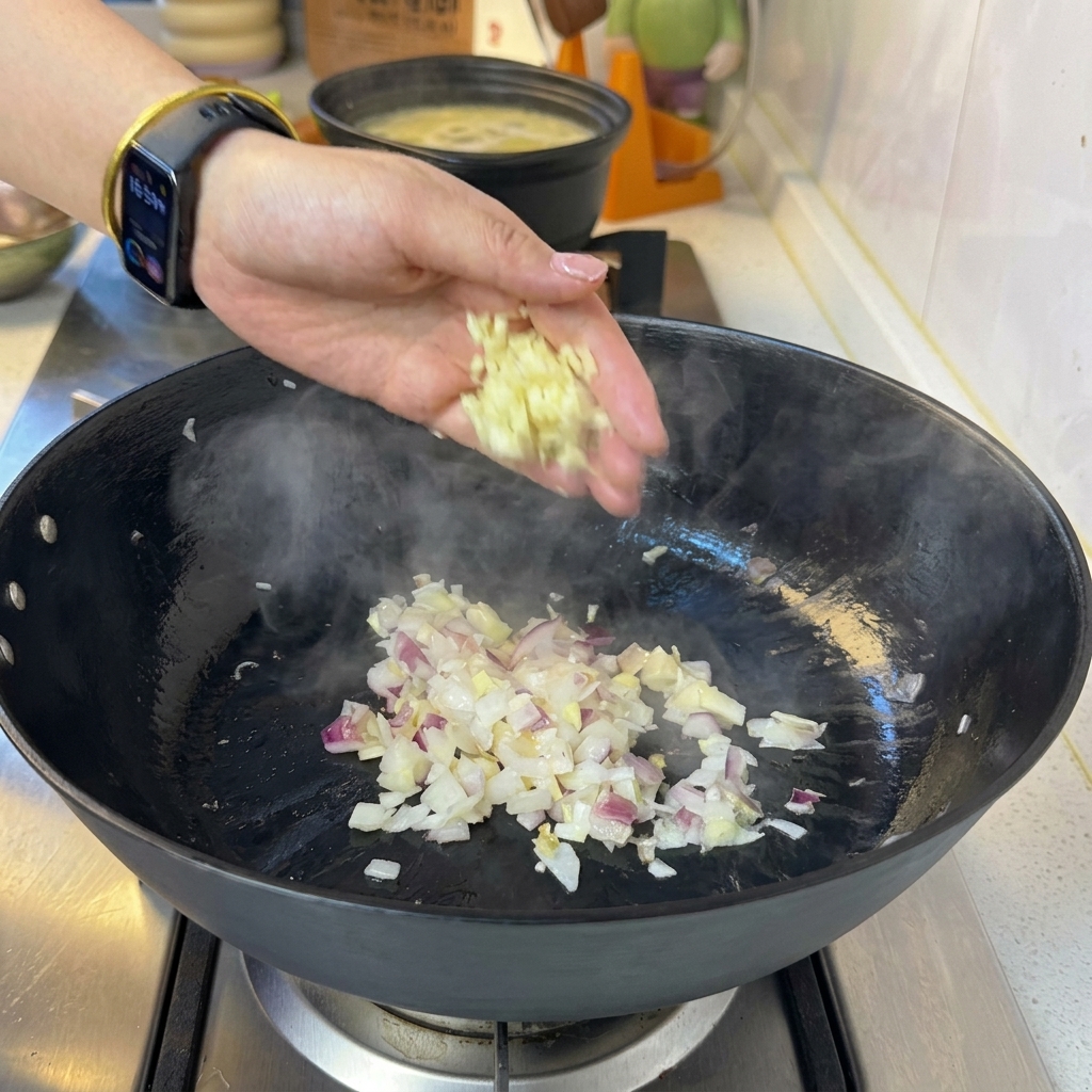 フライパンでみじん切りのにんにくと牛肉を炒め合わせている様子