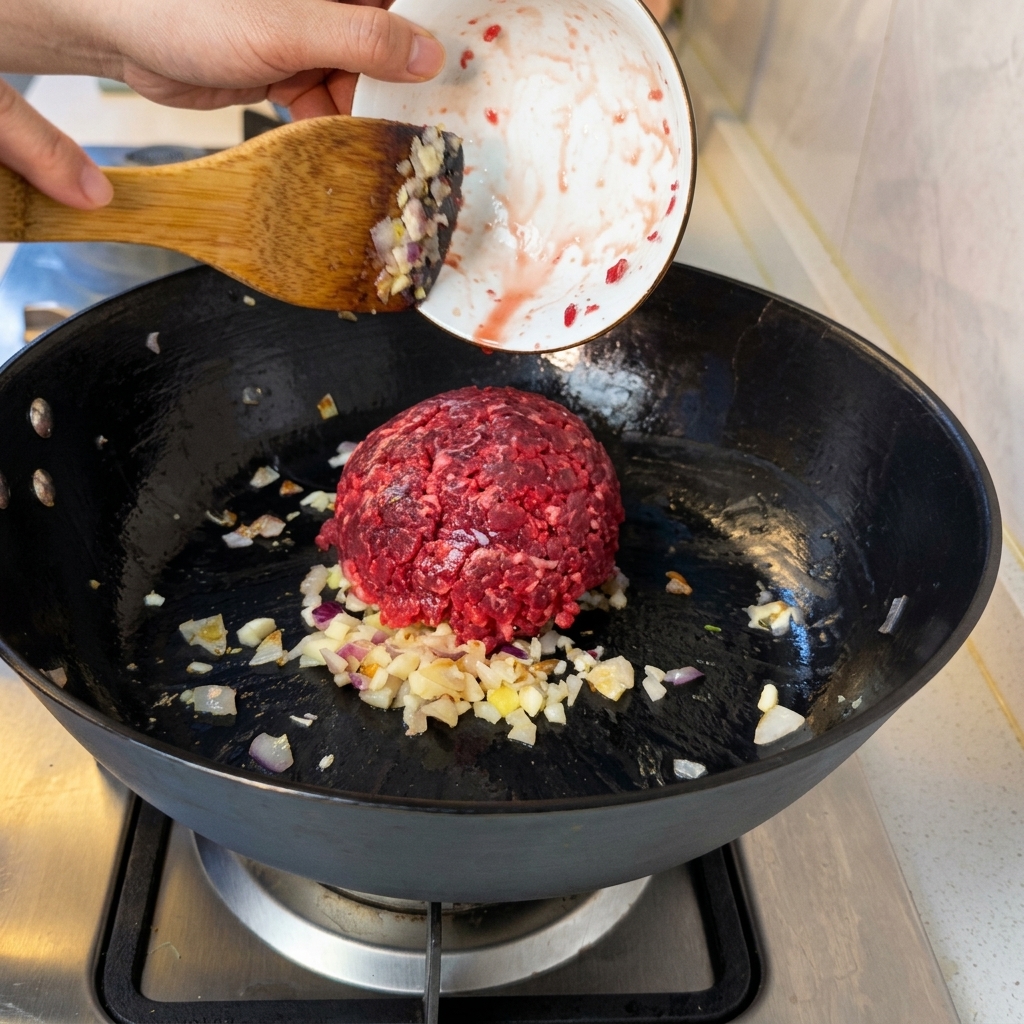 フライパンで炒めた玉ねぎやにんにくと一緒に牛肉を炒めている様子